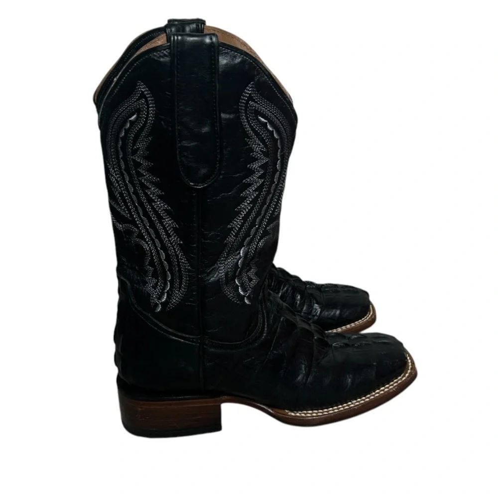 Tanner Mark Caiman Tail Print Embossed Cowboy Boot ( Black ) Kids Size 4